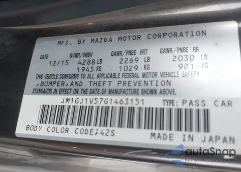 2016 Mazda Mazda6 I Touring from USA, damaged, VIN JM1GJ1V57G1463151